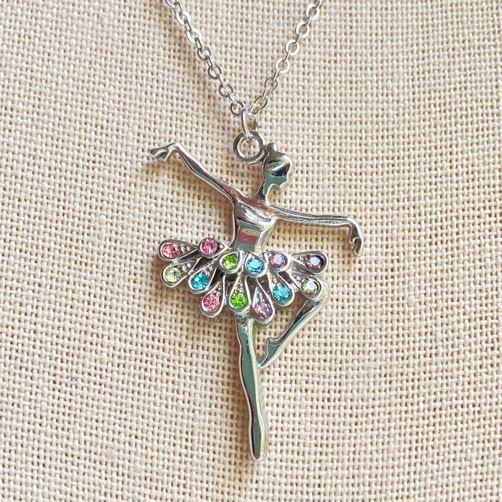 Ballerina pendant necklace tutu with pastel rhinestones silvertone chain dainty